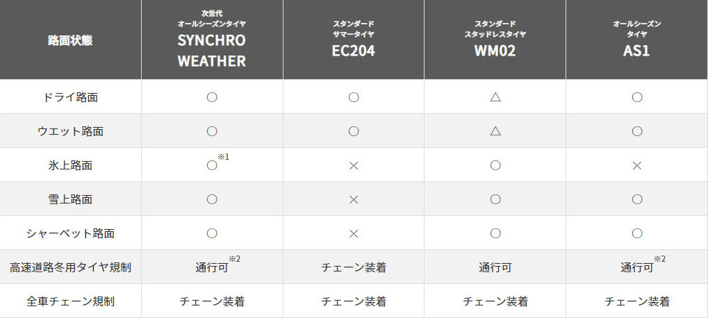 SYNCHRO WEATHER 路面適合表